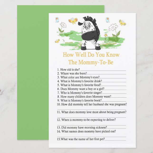 Zebra How well do you know baby shower (Front/Back)
