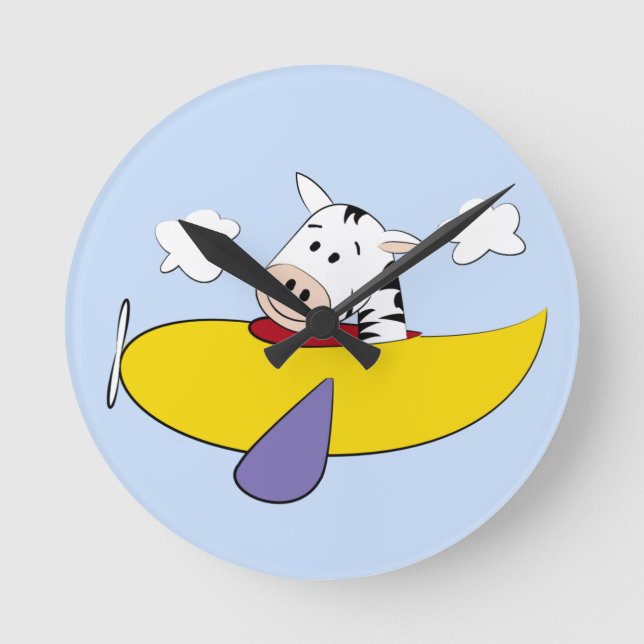 Zebra in Colourful Aeroplane Round Clock (Front)