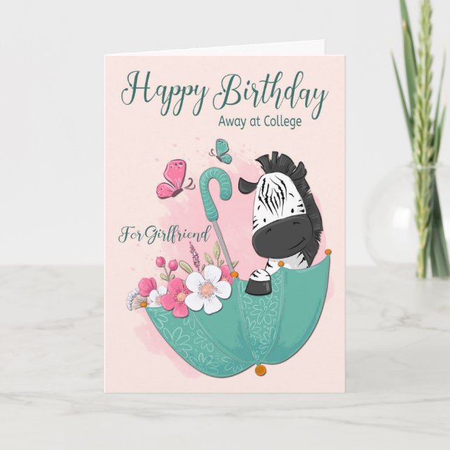 Zebra in Floating Umbrella for Happy Birthday Card (Front)