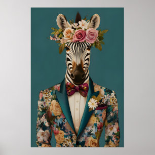 Zebra In Suit Poster, Zebra Portrait, Zebra Oil Poster