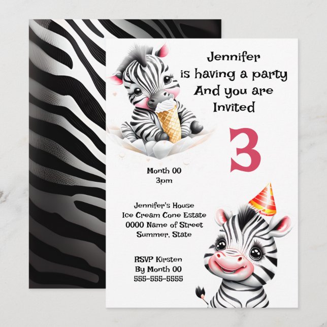 Zebra jungle safari party wild animals kids invitation (Front/Back)