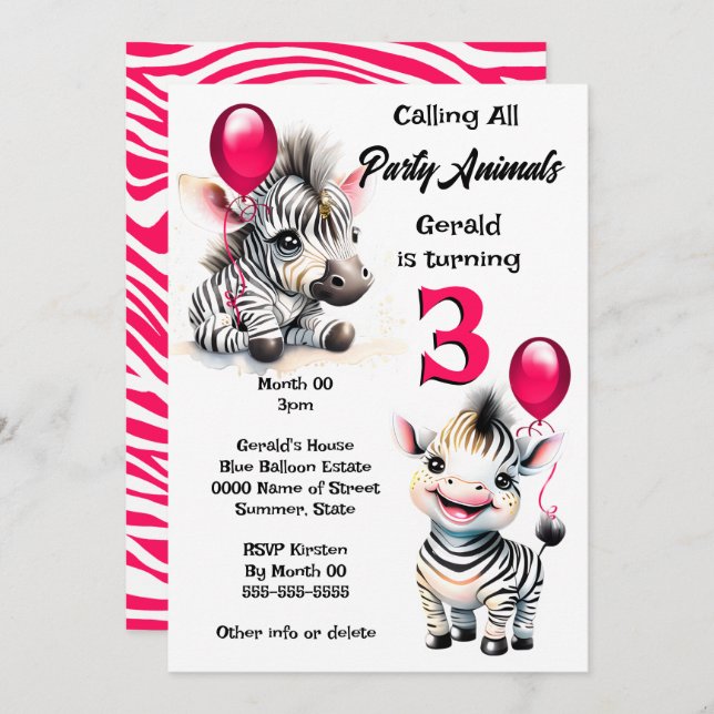Zebra jungle safari theme pink black stripes kids invitation (Front/Back)