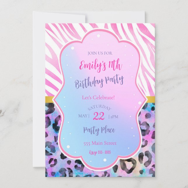 Zebra leopard birthday invitation neon pink purple (Front)