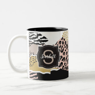 Zebra Leopard Collage w/ Custom Monogram & Name Two-Tone Coffee Mug