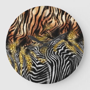Zebra Leopard Skin Mixed Pattern Large Clock