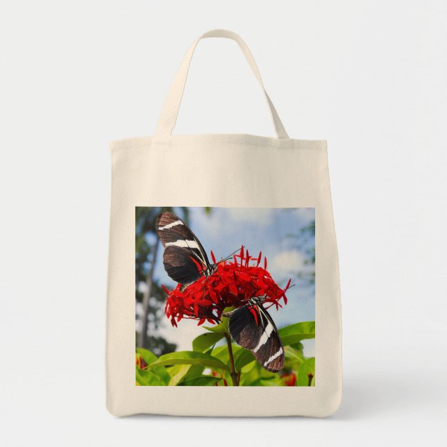 Zebra longwing butterflies on red flowers tote bag (Front)