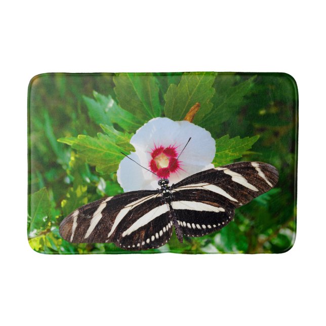 Zebra longwing butterfly on a Hibiscus Red Heart Bath Mat (Front)