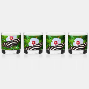 Zebra longwing butterfly on a Hibiscus Red T-Shirt Whiskey Glass