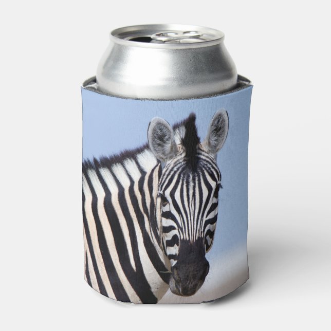 Zebra looking at you with blue sky photo can cooler (Can Front)