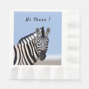 Zebra looking at you with blue sky photo text napkin
