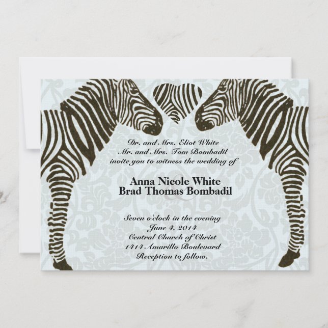 Zebra Love Blue Damask Style Wedding Invitation (Front)