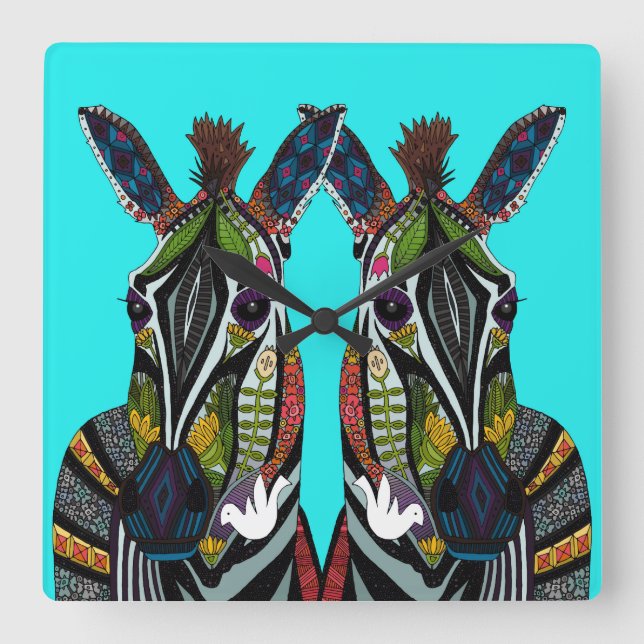 zebra love turquoise square wall clock (Front)
