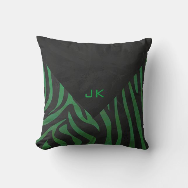 Zebra Monogram Black and Green Print Cushion (Front)