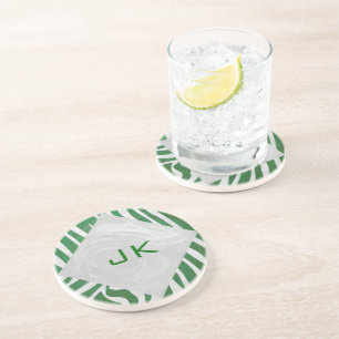 Zebra Monogram Green and White Print Coaster