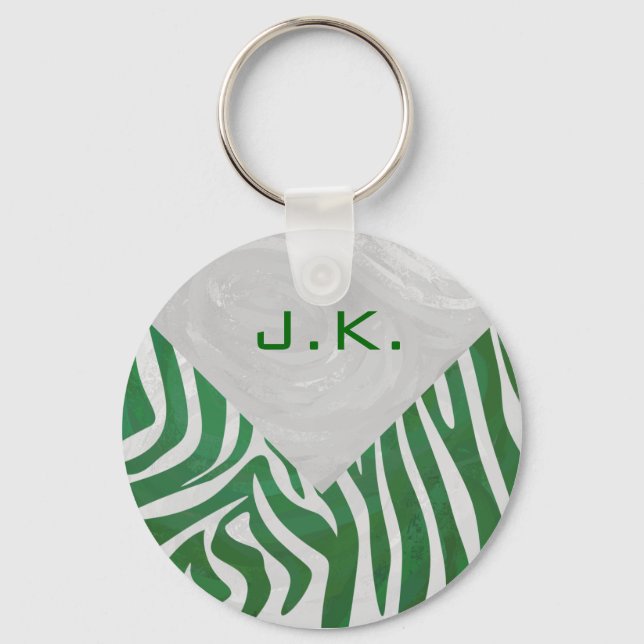 Zebra Monogram Green and White Print Key Ring (Front)