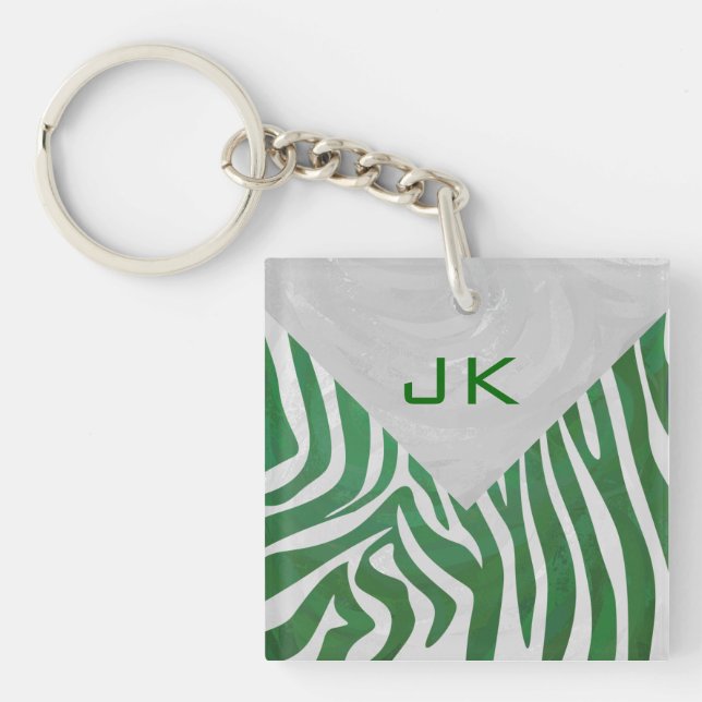 Zebra Monogram Green and White Print Key Ring (Front)