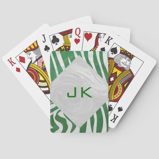 Zebra Monogram Green and White Print Playing Cards (Back)