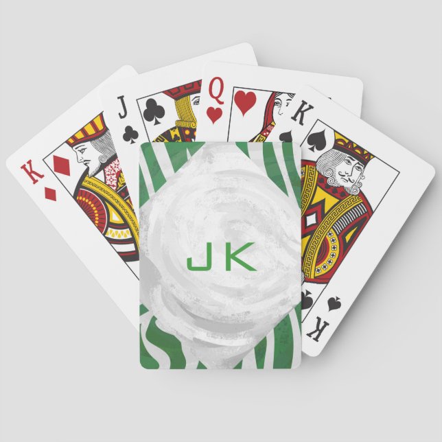 Zebra Monogram Green and White Print Playing Cards (Back)