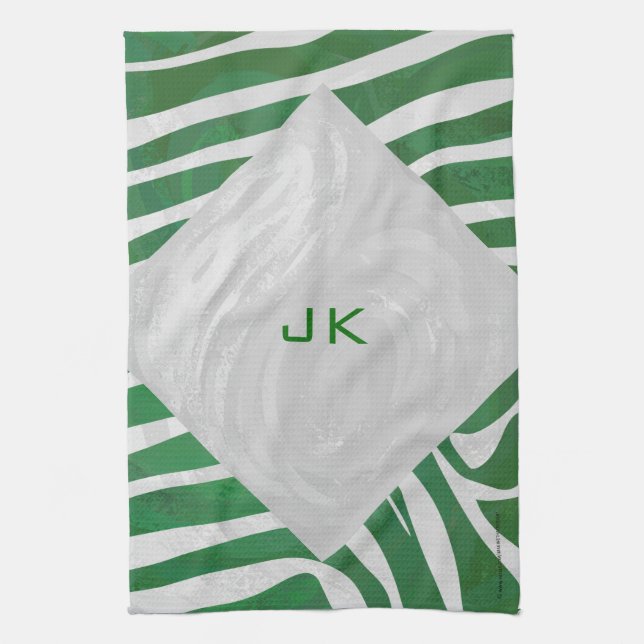 Zebra Monogram Green and White Print Tea Towel (Vertical)