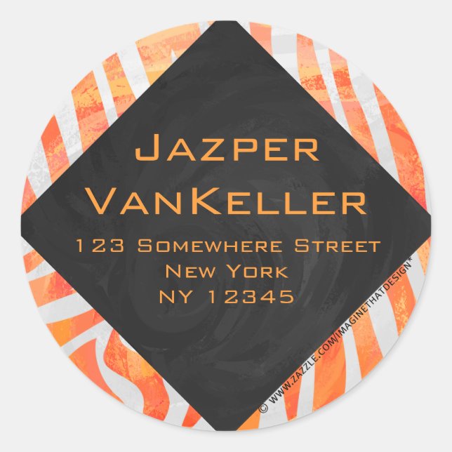 Zebra Monogram Orange and White Classic Round Sticker (Front)