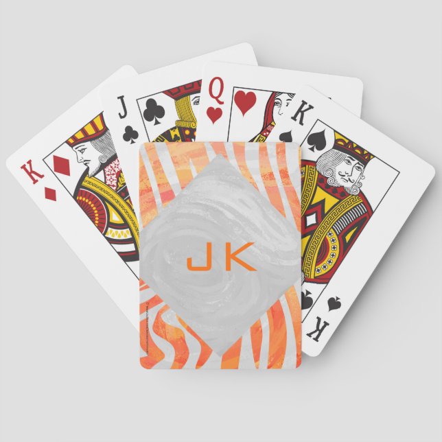 Zebra Monogram Orange and White Playing Cards (Back)