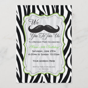 Zebra Moustache Birthday - Black & Lime Green Invitation