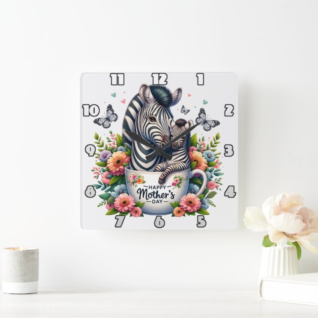 Zebra Mum: Foal, Flowers, Mother's Day Square Wall Clock (Home)