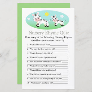 Zebra Nursery Rhyme Quiz baby shower game