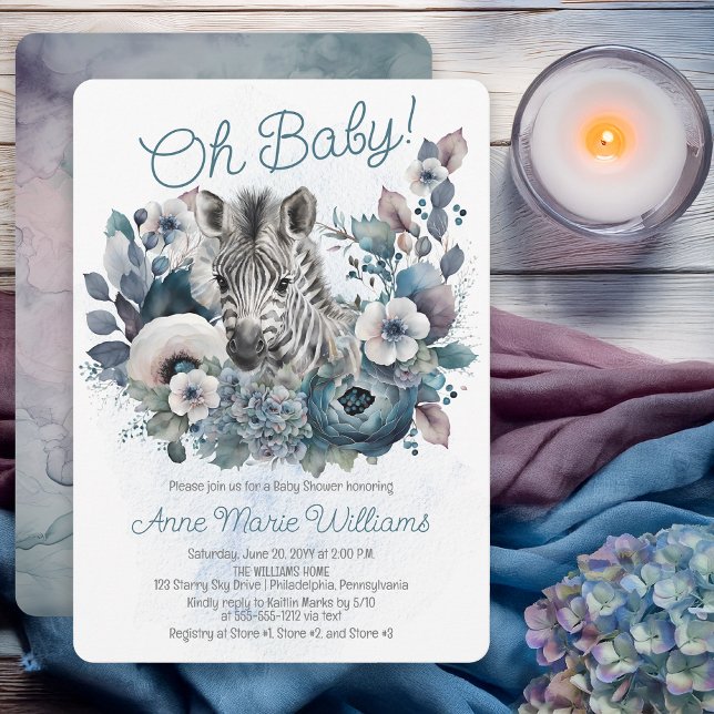 Zebra Oh Baby Blue Floral Baby Shower Invitation (Zebra Oh Baby Blue Floral Baby Shower Invitation - Print | Digital Download)
