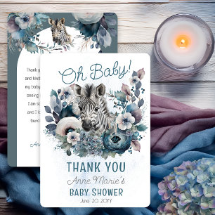 Zebra Oh Baby Blue Floral Baby Shower Thank You Card