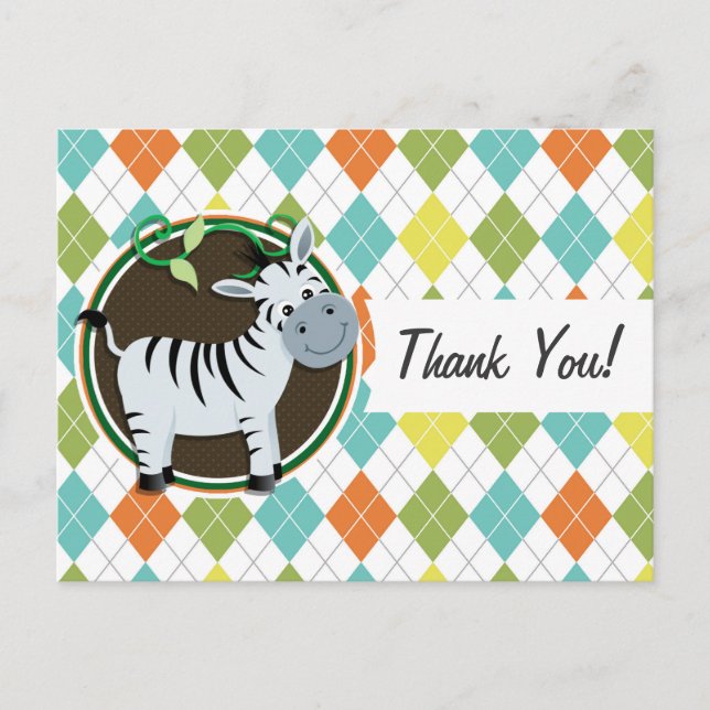 Zebra on Colourful Argyle Pattern Postcard (Front)