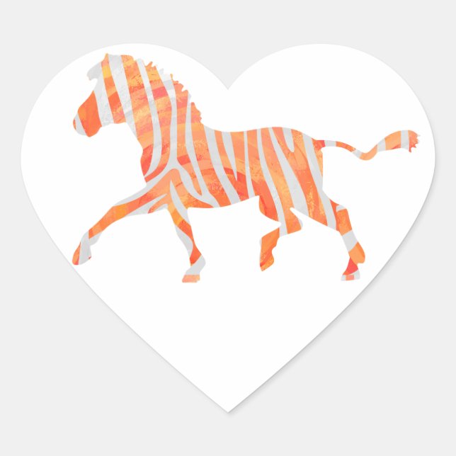 Zebra Orange and White Silhouette Heart Sticker (Front)
