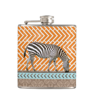 Zebra Orange Chevrons Tan Blue Hip Flask