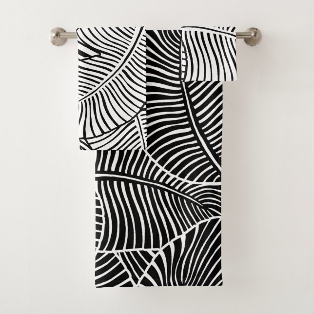 Zebra Palm Hawaiian Tropical Black and White Bath Towel Set (Insitu)
