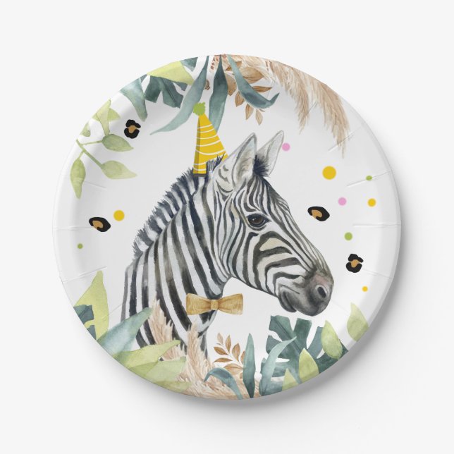 Zebra Party Animals Birthday Zoo Safari Paper Plate (Front)