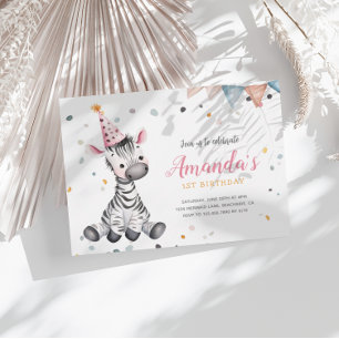 Zebra Party Animals Pink Birthday Invitation