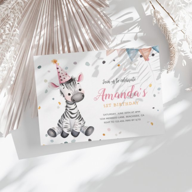 Zebra Party Animals Pink Birthday Invitation (Creator Uploaded)