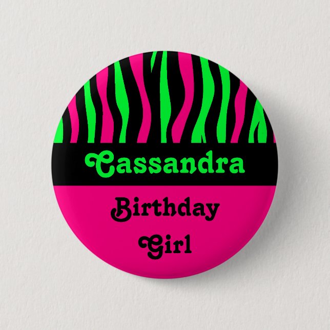 Zebra pattern birthday name 6 cm round badge (Front)