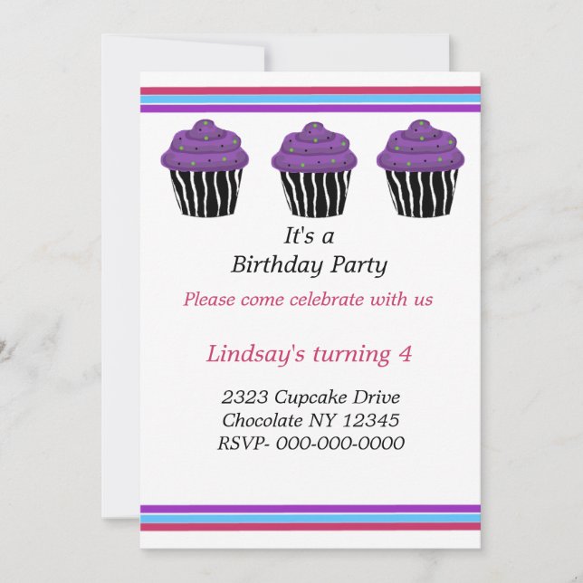 Zebra Pattern Cupcakes Birthday Party Invitation (Front)