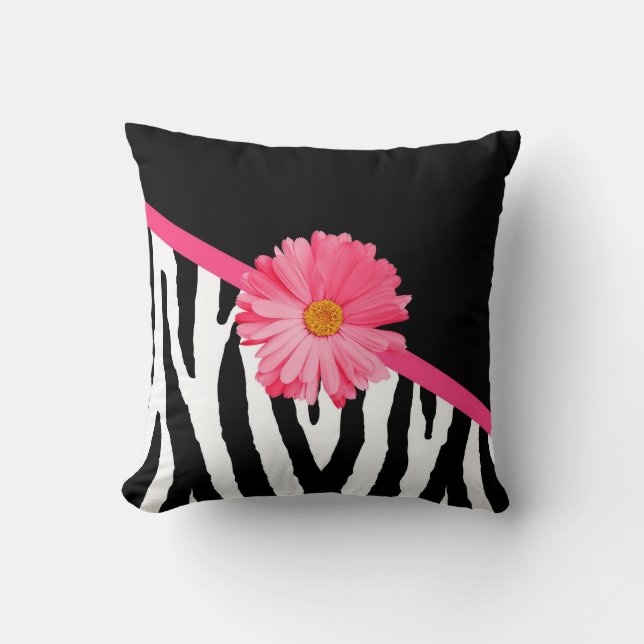 Zebra Pattern Girly Pink Daisy Cushion (Front)