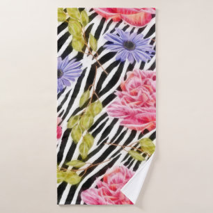 Zebra Pattern Pink Flowers and Stripes Bath Towel
