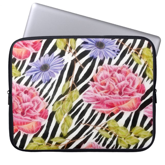 Zebra Pattern Pink Flowers and Stripes Laptop Sleeve (Front)