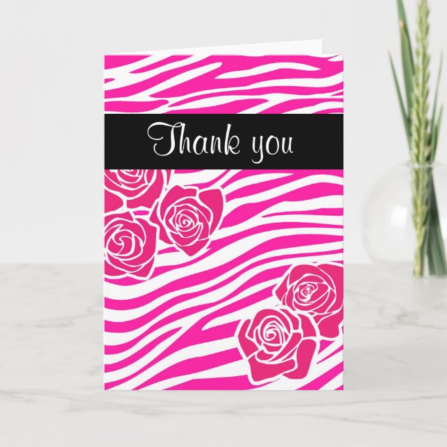 Zebra pattern + pink roses Thank you Card (Front)