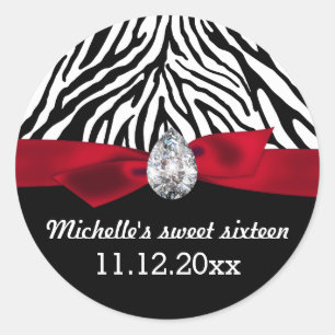Zebra Pattern Red Ribbon Sweet Sixteen Favour Classic Round Sticker