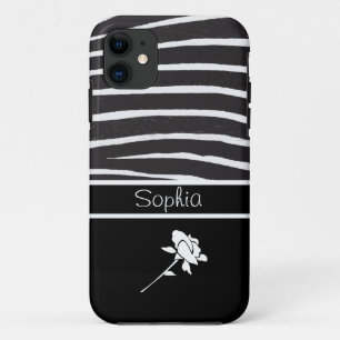 Zebra Pattern+White Rose on black/Personalise iPhone 11 Case