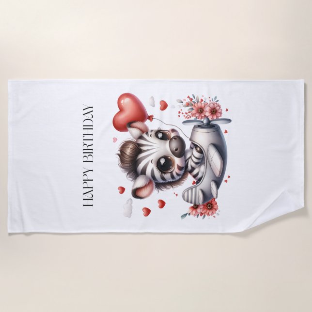 Zebra Pilot Birthday Beach Towel (Front)