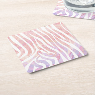 Zebra Pink and White Print Square Paper Coaster