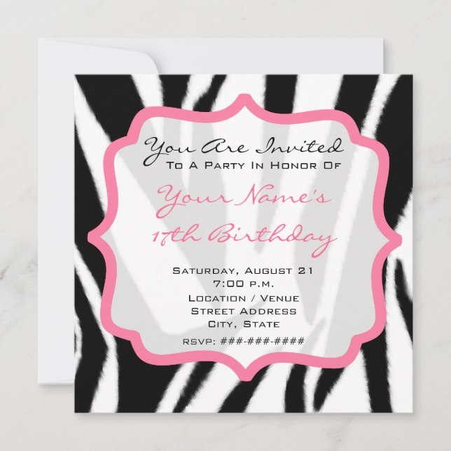 Zebra & Pink Birthday Party Invitation (Front)