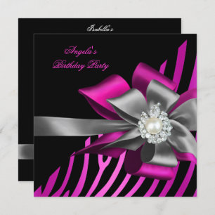 Zebra Pink Black Silver Bow Pearl Birthday Party Invitation