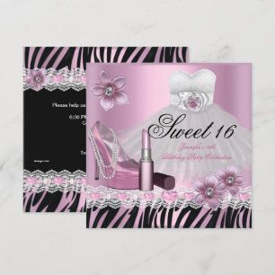 Zebra Pink Black Sweet Sixteen 16 Dress Lipstick 2 Invitation